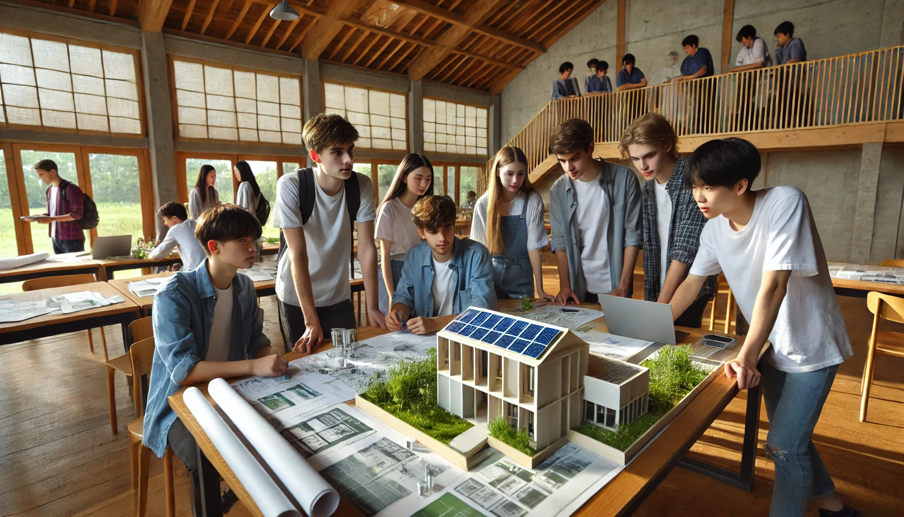 친환경 건축물 모형을 설계하는 학생들의 이미지