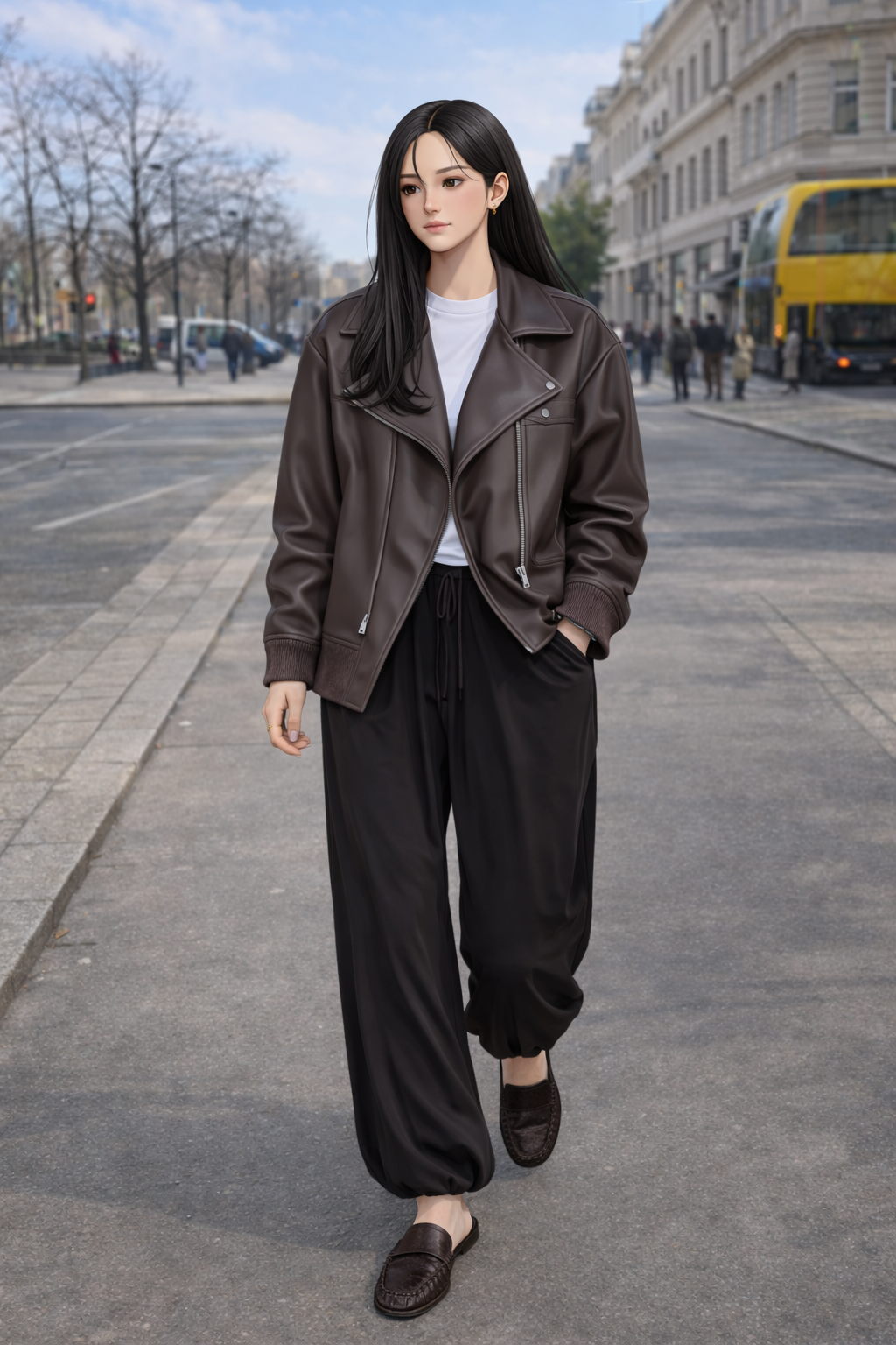 Leather jacket poly pants stylish summer outfit K-fashion