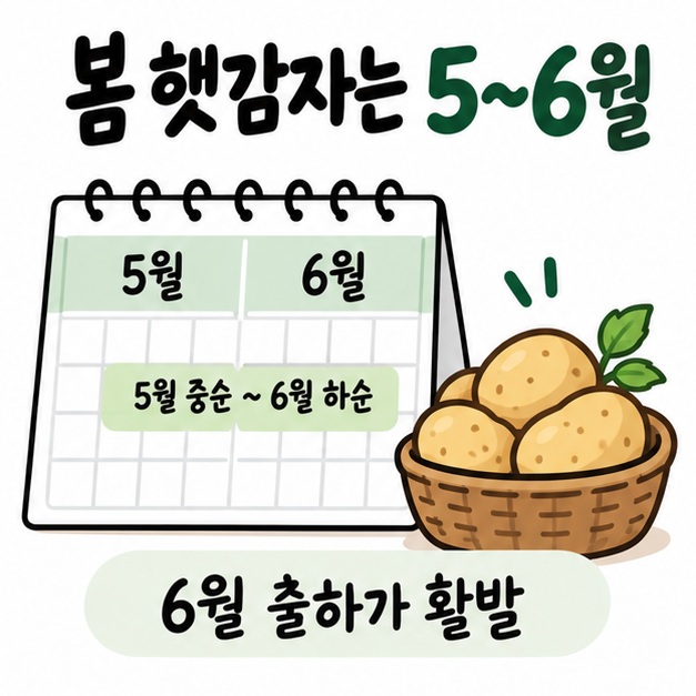 5월 중순부터 6월 하순까지 봄 햇감자가 본격 출하되는 시기를 달력과 감자로 보여주는 카드