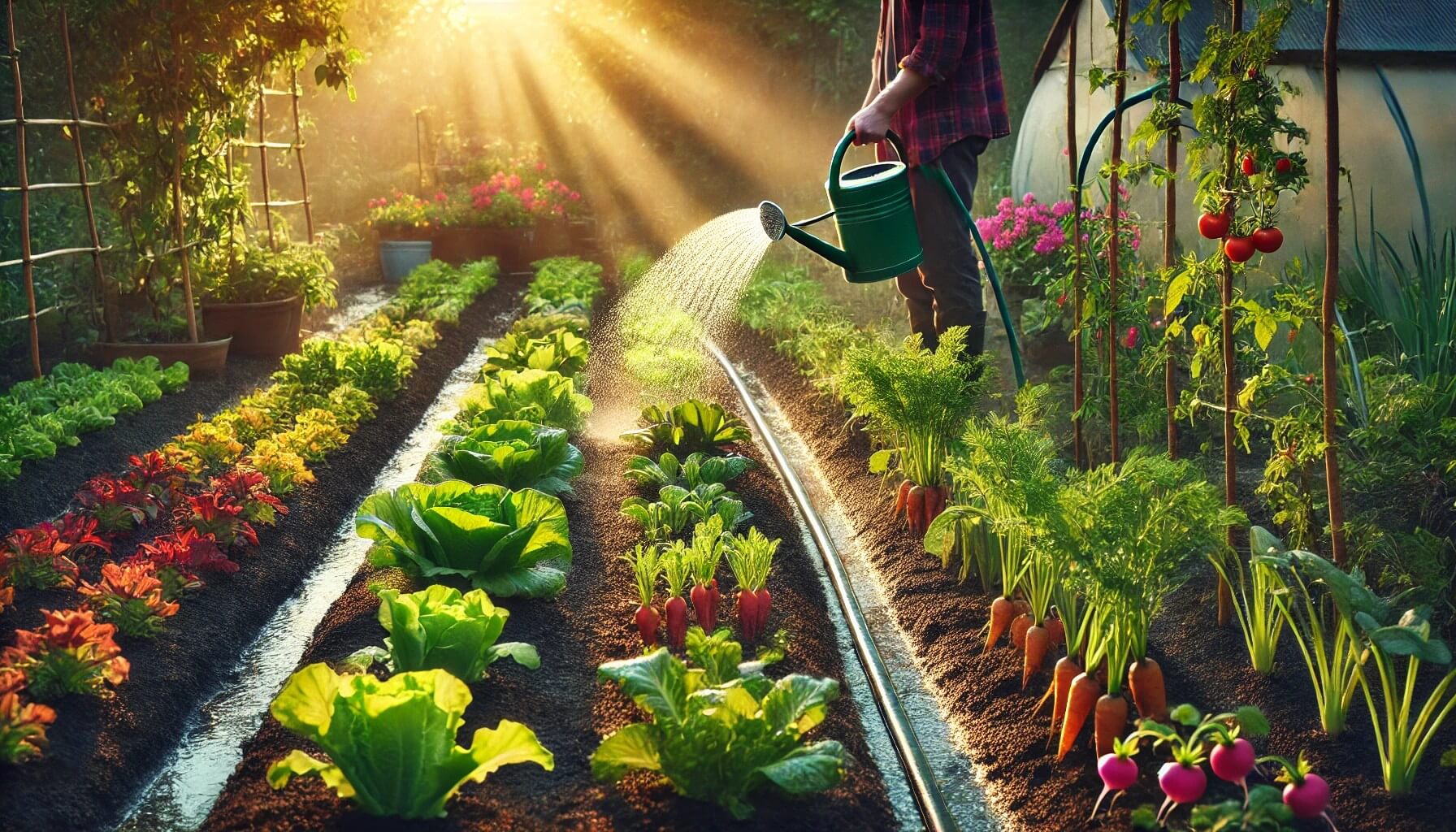 봄 작물들의 생육 특성에 맞춘 물주기 장면을 담은 이미지