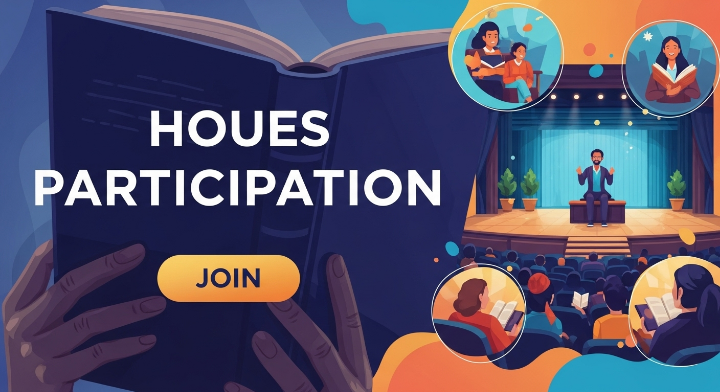 책을 넘어서 다양한 프로그램이 있다는 것을 알리기 위한 이미지입니다. 강당에는 선생님으로 보이는 사람이 앉아서 동화를 구현한 듯 보이고 관객석에는 많은 사람들이 선생님의 말씀을 경청하고 있습니다.