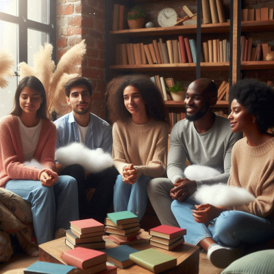 꿈catcher와 구름, 별들로 꾸며진 방에서 잠을 자고 있는 인물.