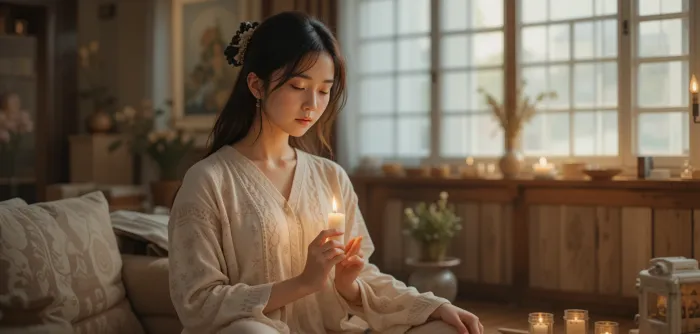 은은한 조명 속에서 명상을 통해 운의 흐름을 정리하는 여성