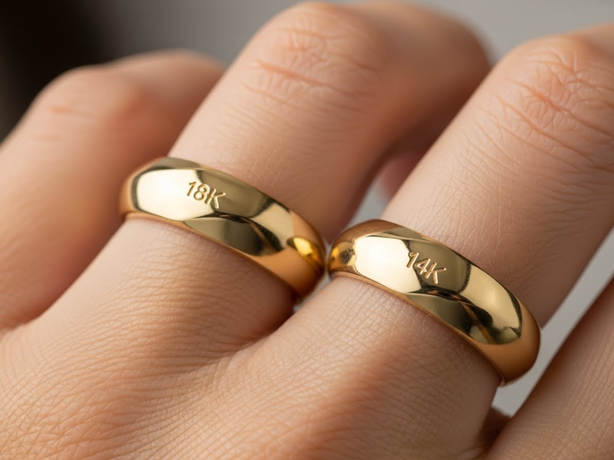 금의 순도 관련 참조 이미지, 손에 낀 18k, 14k 금반지 이미지