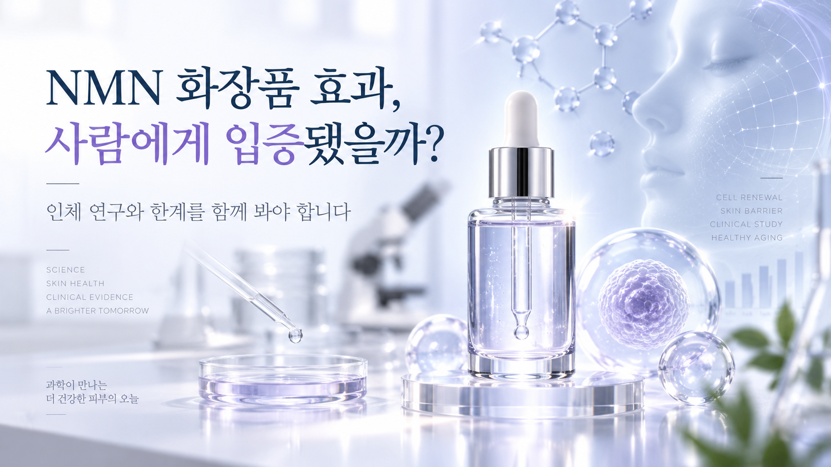 NMN 화장품의 인체 연구와 임상 근거를 상징적으로 표현한 이미지