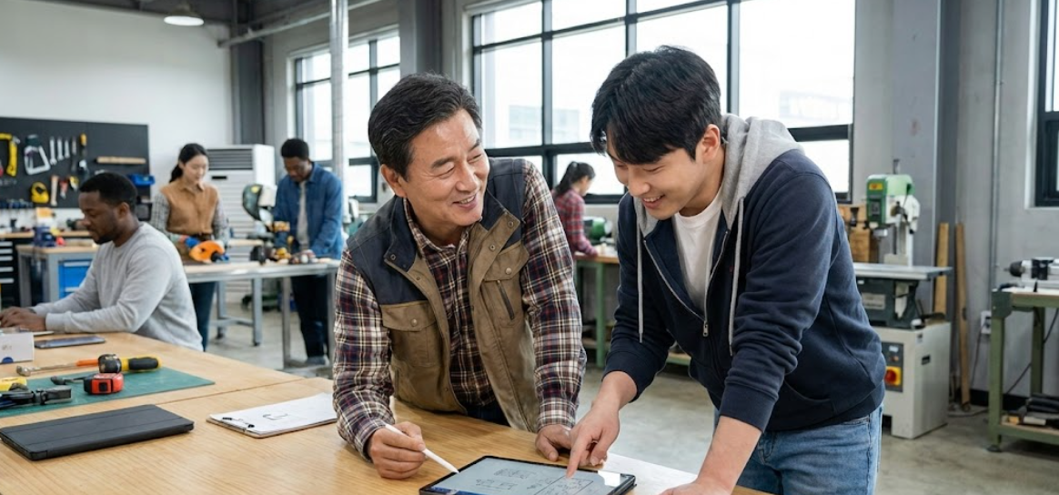 중장년 사원이 젊은 멘토와 함께 현장에서 기술을 배우며 대화하는 모습