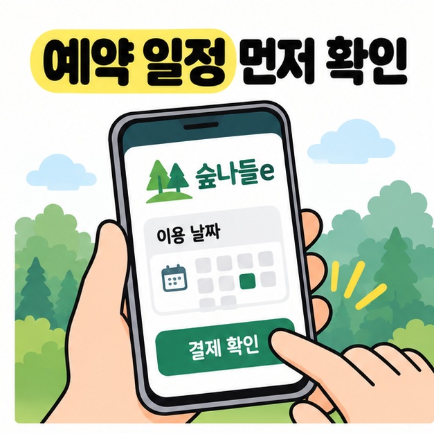 예약 일정 먼저 확인이라는 제목 아래 스마트폰에서 숲나들e 이용 날짜와 결제 확인 버튼을 살피는 이미지