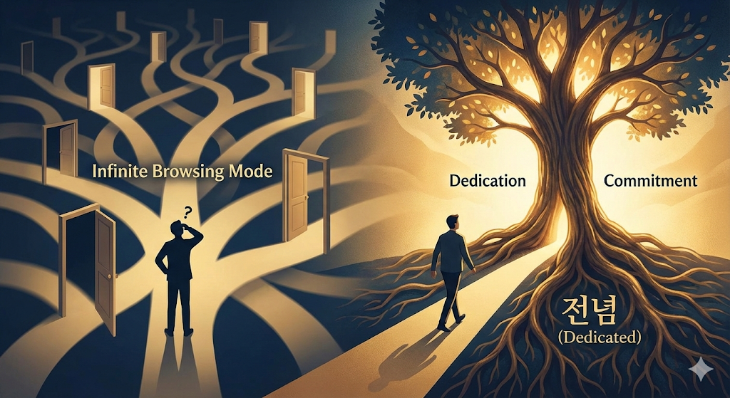 수많은 선택지 대신 하나의 길을 선택하여 깊은 뿌리를 내리는 나무의 모습, 책 전념이 말하는 헌신의 가치를 상징함.