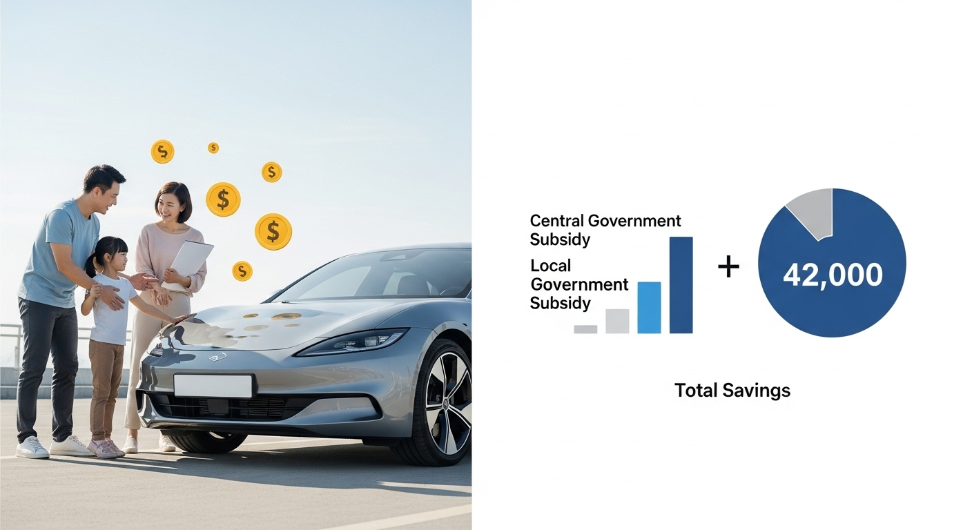 한 가족이 전기차와 함께 웃고 있고, 중앙정부 보조금과 지자체 보조금이 합쳐져 총 절약 금액이 시각적으로 표현된 다이어그램.