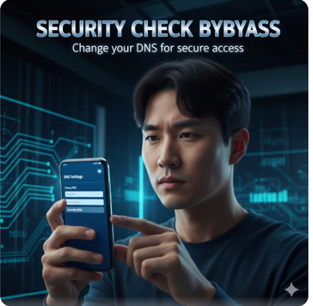 'SECURITY CHECK BYPASS' 문구와 함께 한국인 모델이 스마트폰으로 DNS 설정을 변경하는 듯한 동작을 취하는 모습의 이미지입니다.