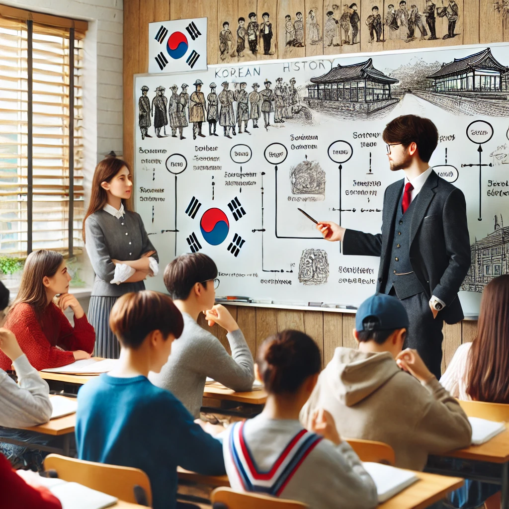 강사가 교실에서 학생들에게 한국사에 대해 가르치는 모습. 칠판에는 역사 연대표와 주요 사건이 적혀 있고&amp;#44; 학생들은 열심히 필기하며 수업에 몰입