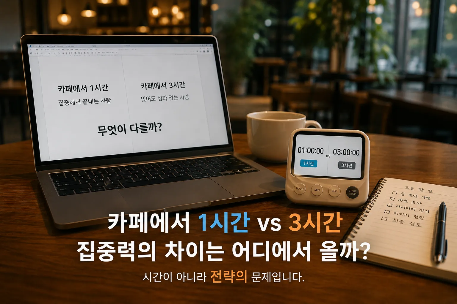 카페에서 1시간과 3시간 작업 시간 비교