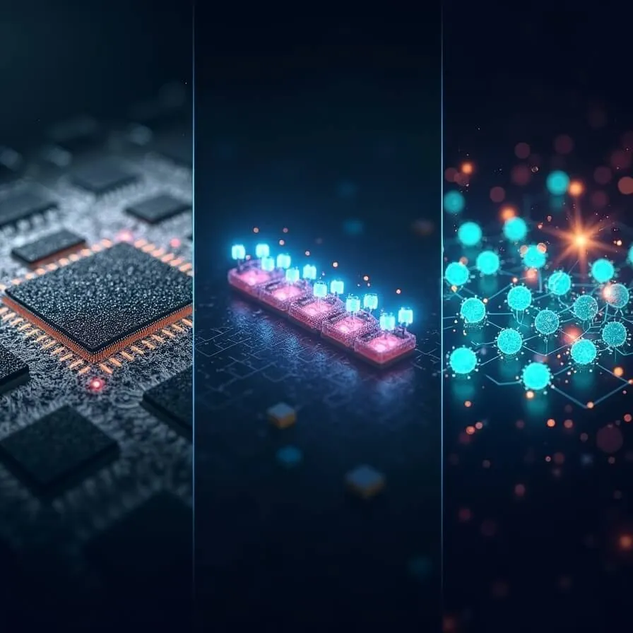 양자컴퓨팅 3대 기술 방식 비교 이미지. 좌측부터 초전도 칩(그레이스케일&amp;#44; 복잡한 배선과 극저온 냉각 장치)&amp;#44; 이온 트랩(회색 톤&amp;#44; 일렬로 배치된 이온들과 전기장)&amp;#44; 중성 원자(풀 컬러&amp;#44; 5x5 배열의 청록색 원자들과 골든 화살표)가 표현되어 있다. 좌에서 우로 갈수록 색상 채도와 역동성이 증가하며 Infleqtion의 중성 원자 방식이 확장성과 유연성 면에서 우위에 있음을 시각적으로 전달한다 (superconducting vs ion trap vs neutral atom quantum computing comparison)