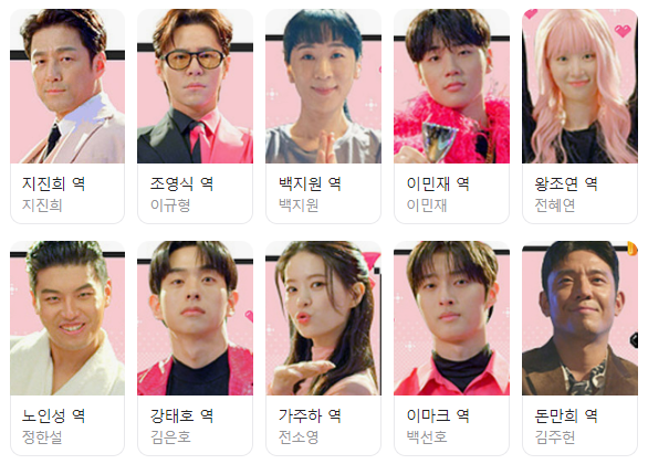 드라마 '킥킥킥킥' 출연진 소개. 왼쪽부터 지진희, 이규형, 백지원, 이민재, 전혜연, 정한설, 김은호, 전소영, 백선호, 김주헌이 있다.