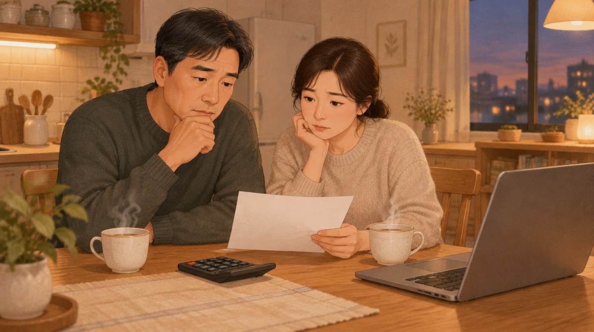 건강보험료 고지서를 확인하는 가족 일러스트 (AI 생성 이미지)
