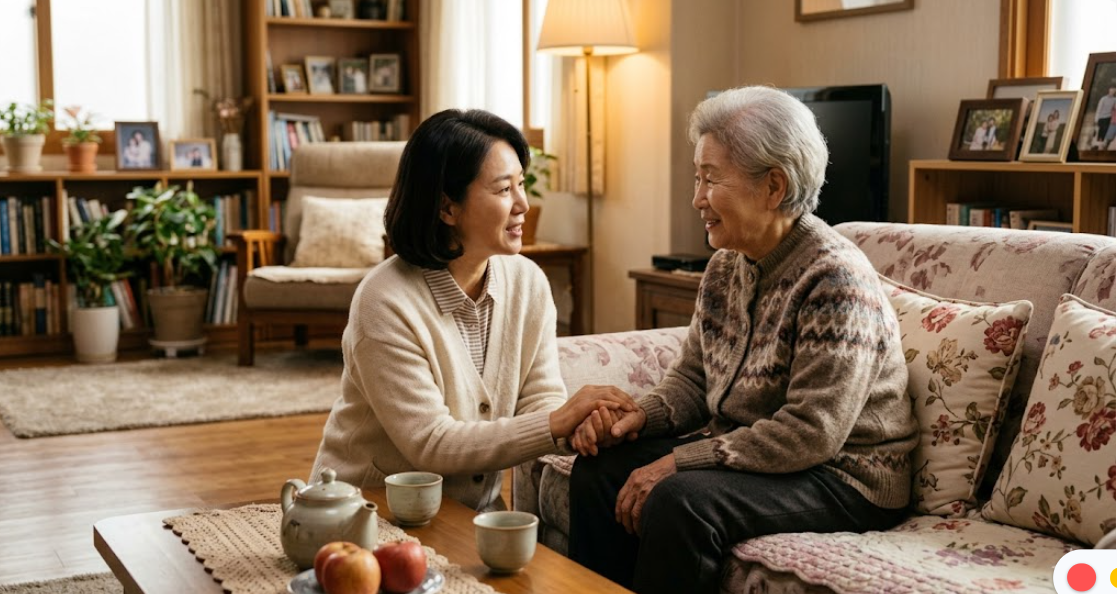 자녀가 부모님의 건강 상태를 꼼꼼히 살피며 대화