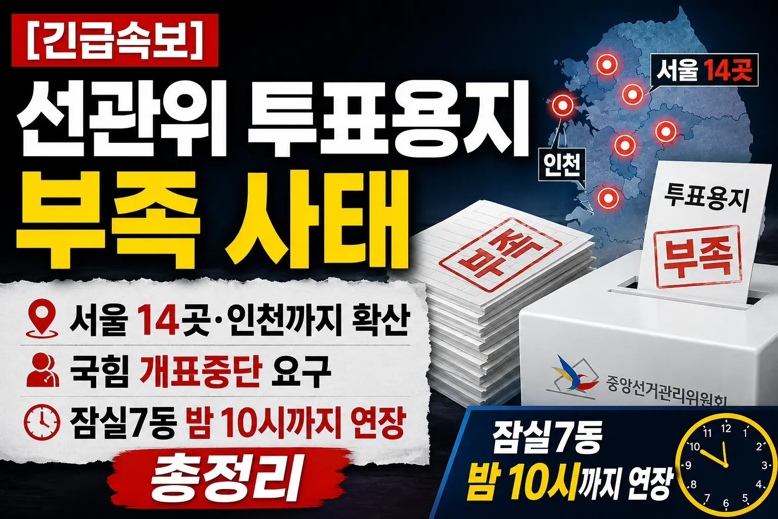 [긴급속보] 선관위 투표용지 부족 사태 &mdash; 서울 14곳&middot;인천까지 확산&middot;국힘 개표중단 요구&middot;잠실7동 밤 10시까지 연장 총정리