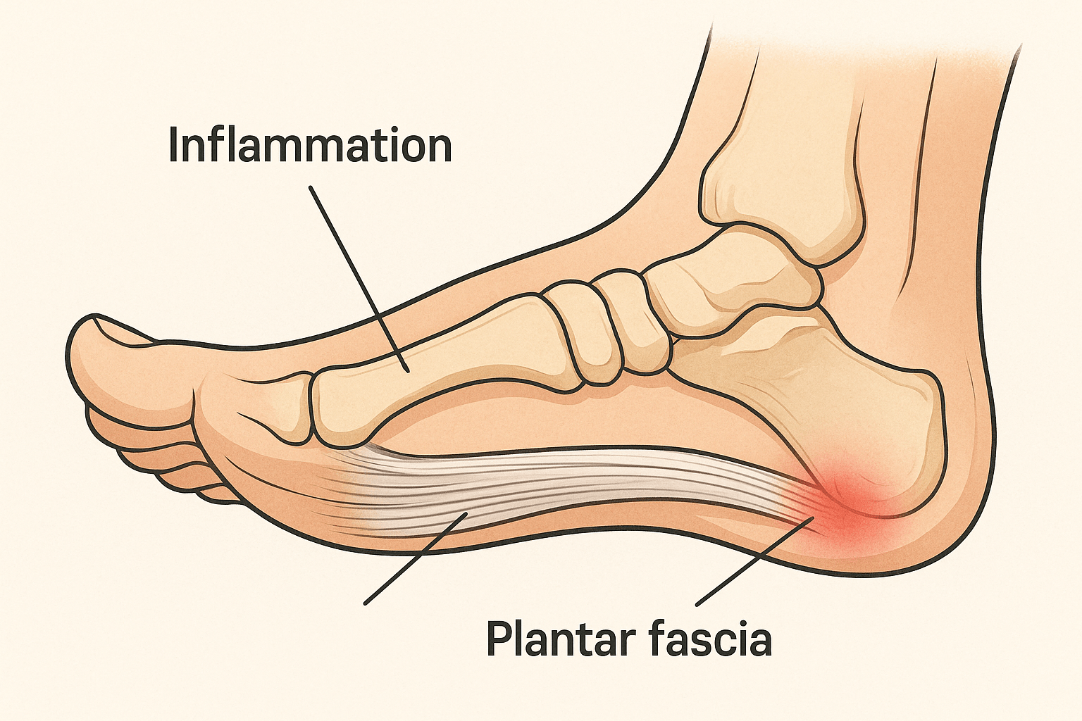 발바닥의 근막 구조와 염증 부위를 해부학적으로 표현한 일러스트(출처**자체제작)