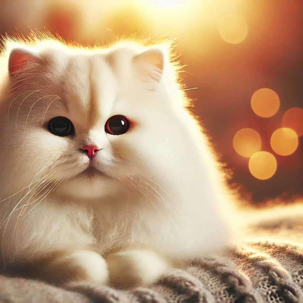 포근한 담요 위에서 편안하게 쉬고 있는 하얀색 페르시안 고양이. 부드러운 조명과 따뜻한 분위기가 특징.