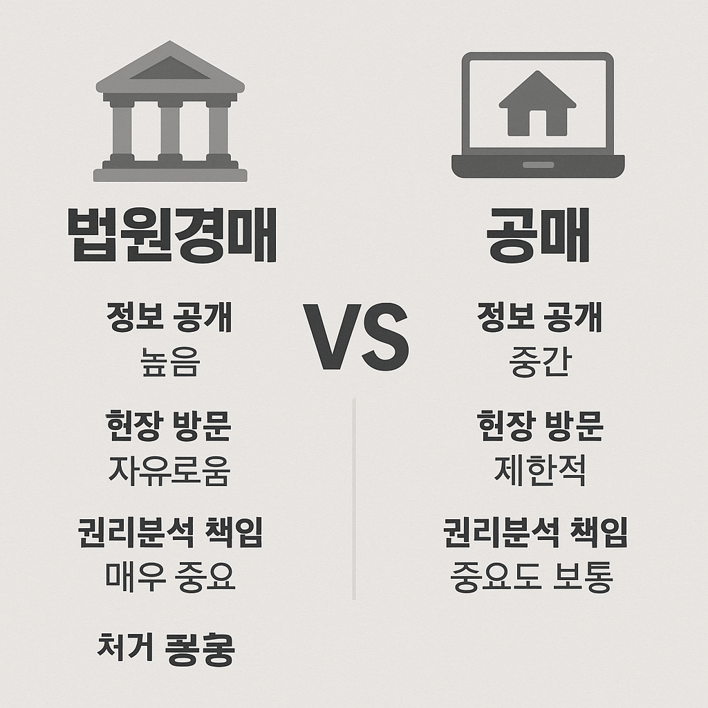 법원경매와 공매의 차이를 비교한 인포그래픽, 정보공개 수준, 현장 방문 가능 여부, 권리분석 책임 등을 항목별로 나열