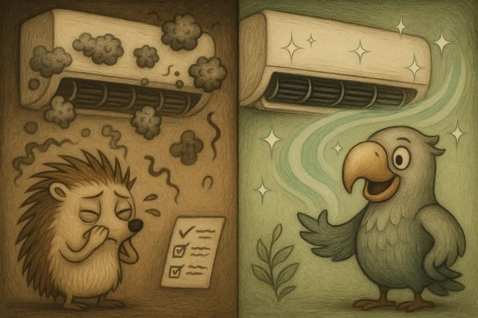 팀 버튼 스타일 에어컨 청소 전후를 비교하며 고슴도치 인턴과 앵무새 전문가가 등장하는 감성 일러스트