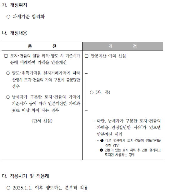 토지·건물 일괄 취득·양도 시 안분계산 예외 신설
