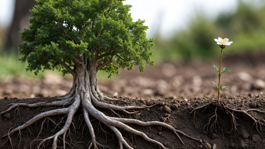 깊게 뿌리 내리는 나무와 얕은 뿌리의 꽃을 비교하는 사진