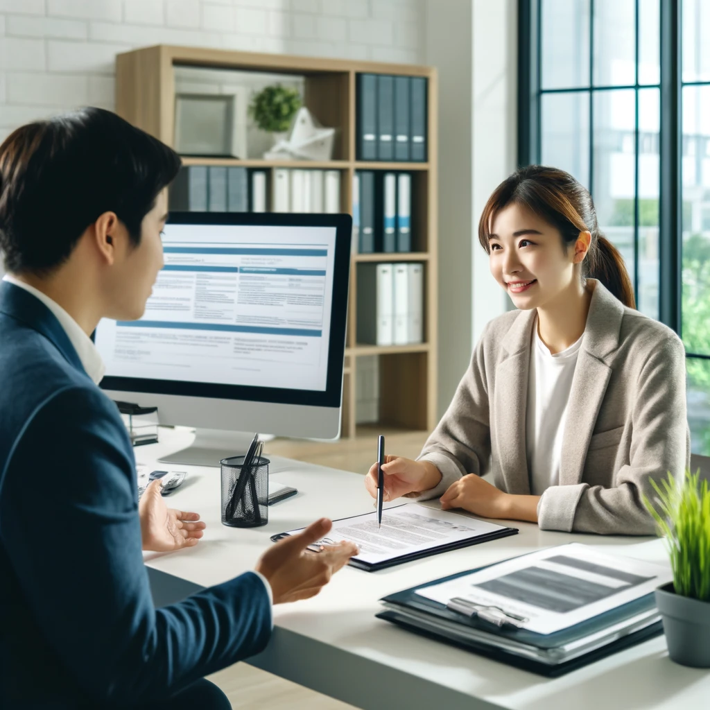 보험사 사무실에서 책상에 앉아 상담원과 대화를 나누는 한국인&amp;#44; 화면에는 보험 관련 정보가 표시되고 서류들이 정리된 모습