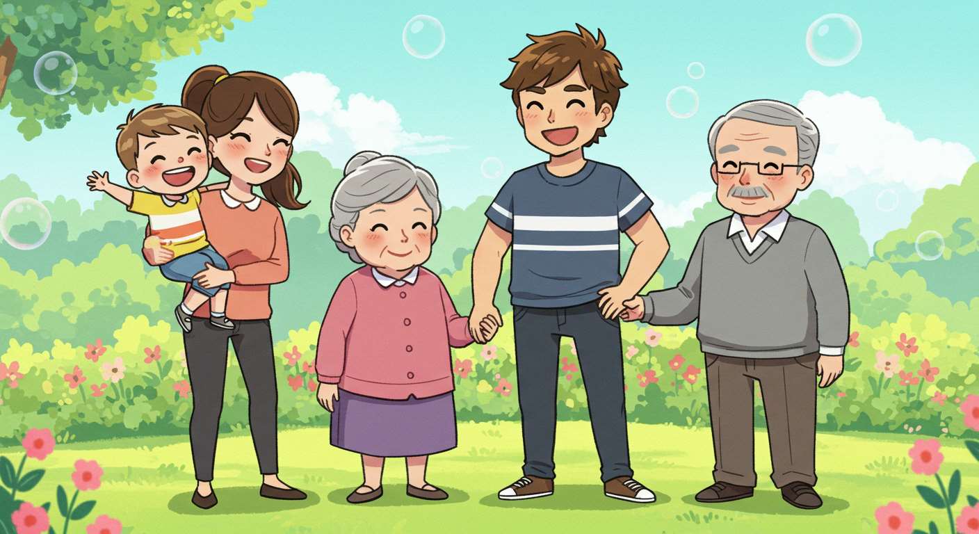 A cartoon illustration of four generations in a family. 세대차이, 세대이해, MZ세대, Z세대, 베이비붐 세대