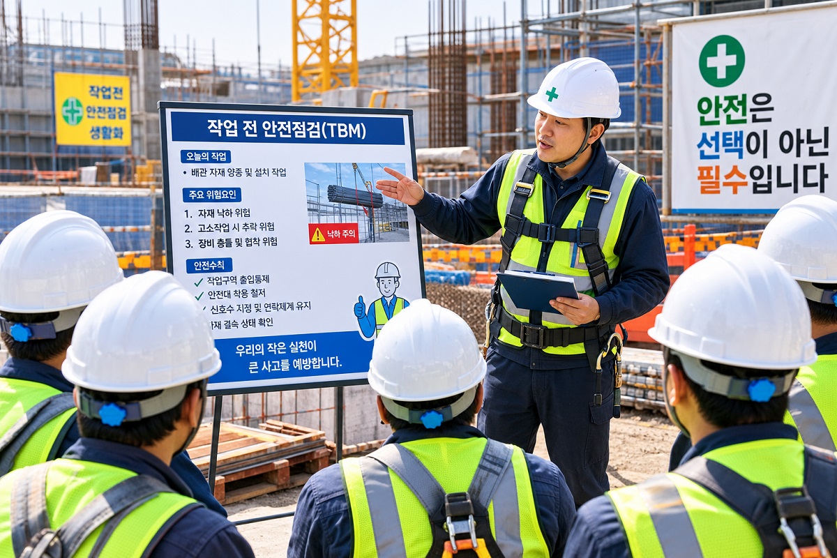 건설현장에서 안전관리자가 근로자에게 TBM을 실시하는 모습