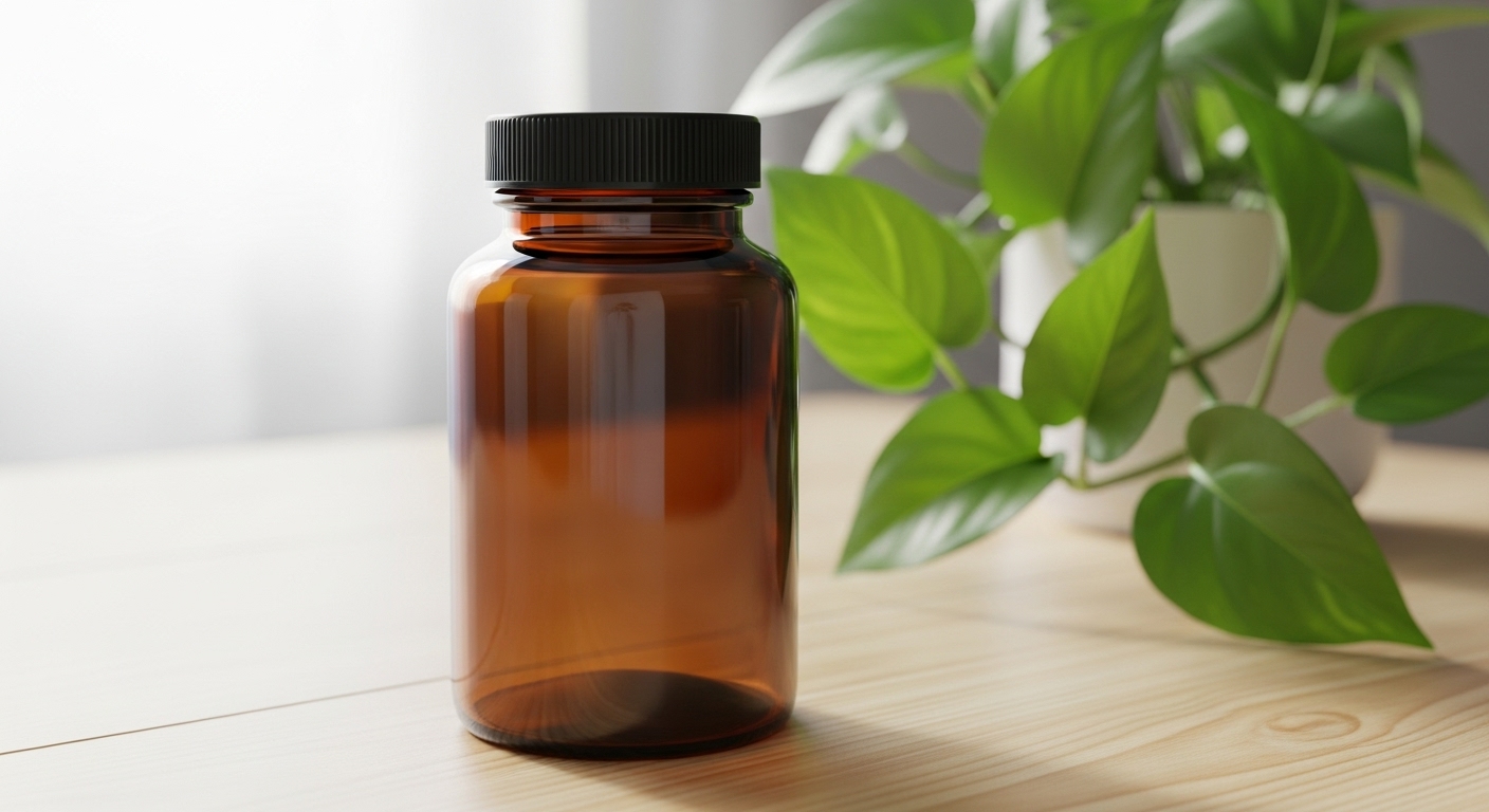 나무-테이블-위에-놓인-브랜드-없는-보충제-병이-깔끔하게-있습니다.