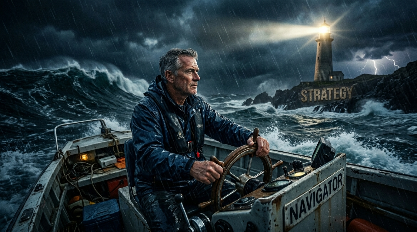 폭풍우가 몰아치는 바다 위에서 등대(전략)를 보며 침착하게 키를 잡고 있는 투자자의 모습
