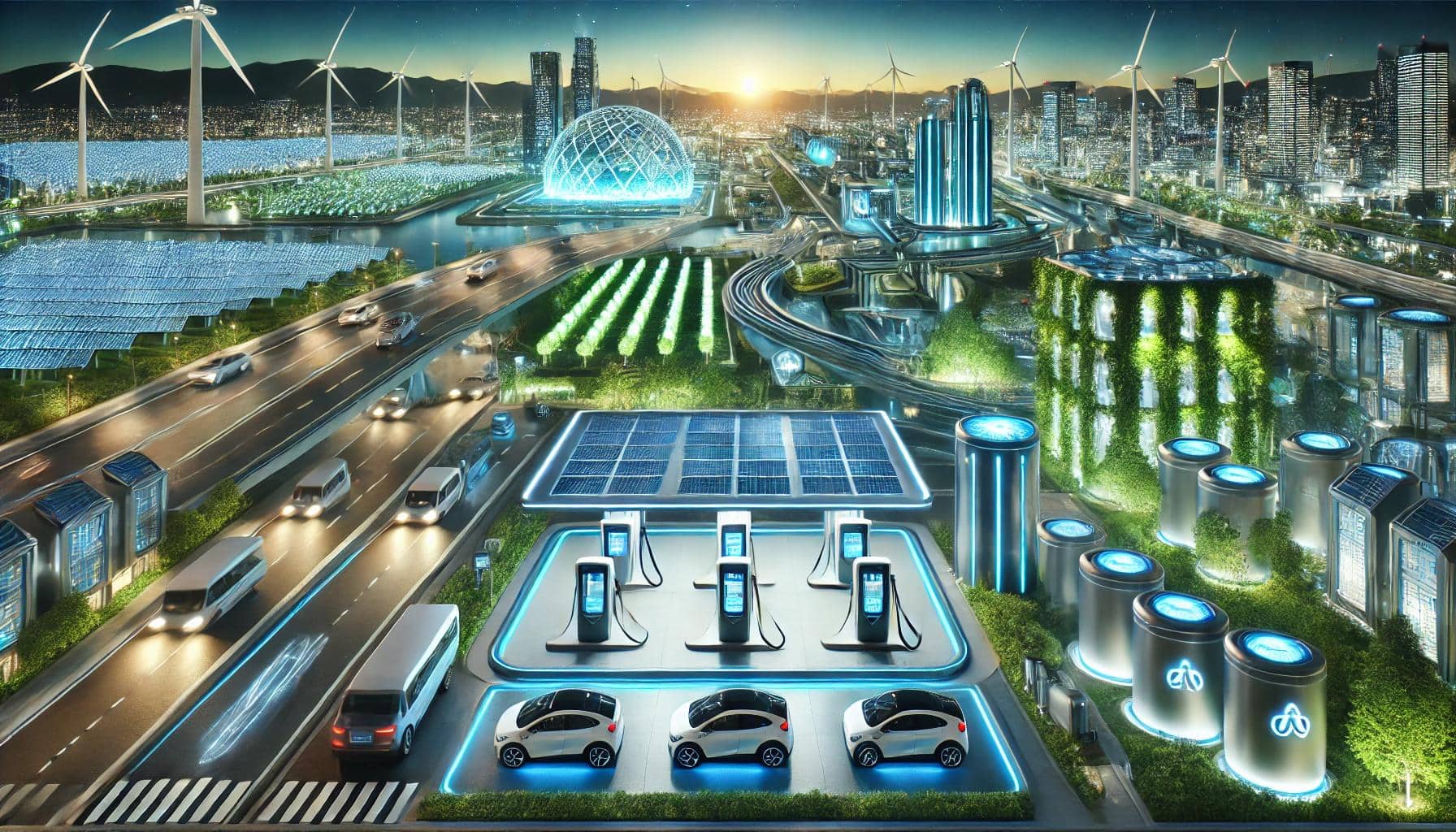 미래형 수소 에너지 생태계를 묘사한 일러스트로, 푸른 빛이 강조된 수소 충전소와 수소 차량, 수직 정원과 태양광 패널이 설치된 친환경 도시가 조화롭게 어우러져 있다. 맑은 하늘과 첨단 도시 풍경이 기술 발전과 환경 지속 가능성을 시각적으로 전달한다