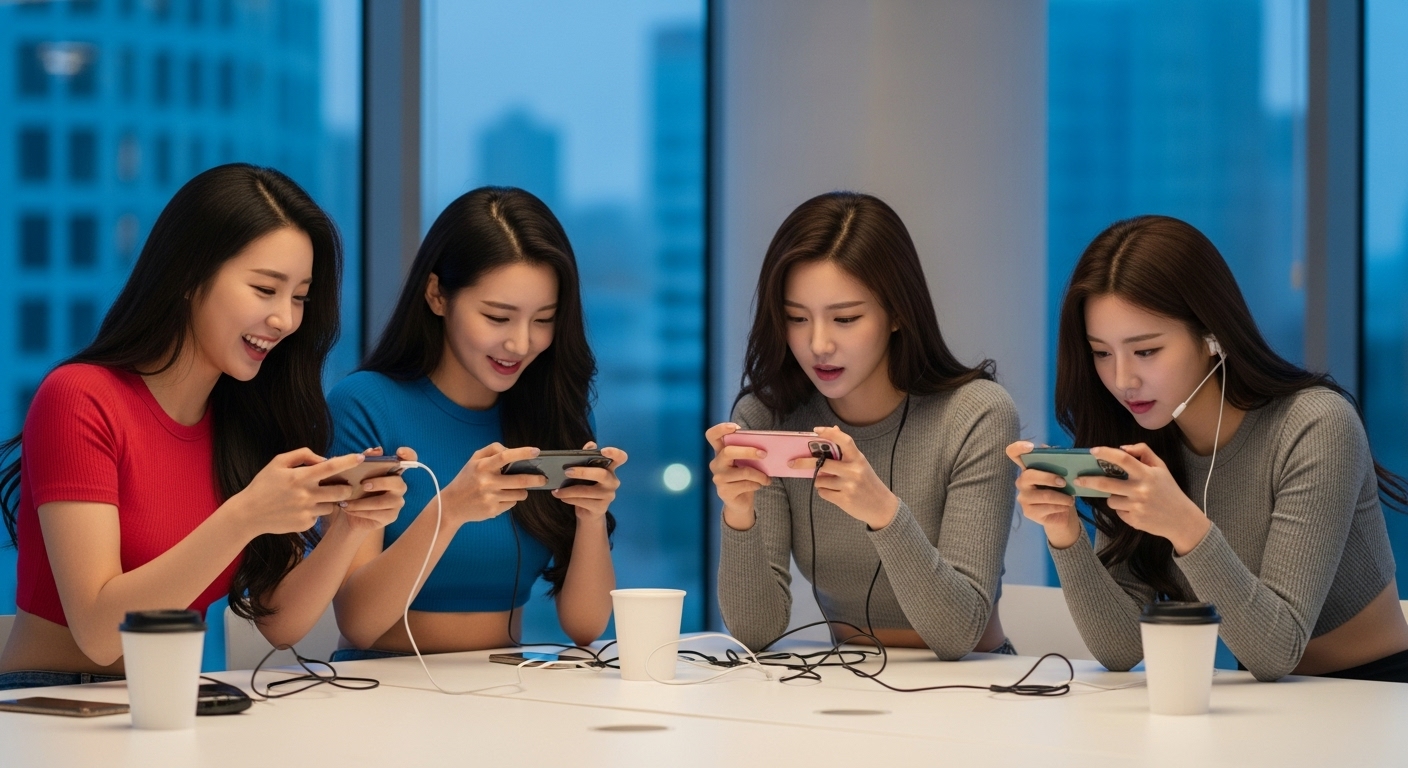모바일 게임을 하는 여자들