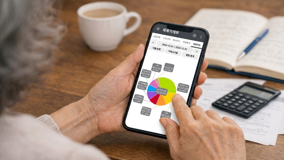 디지털 가계부를 보는 여인