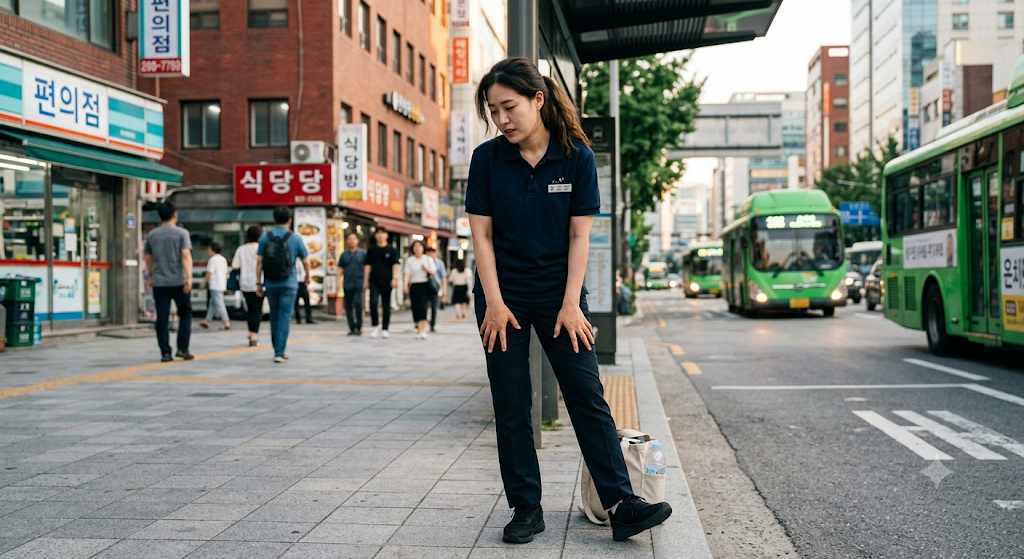 서서 일하는 사람이 종아리를 손으로 감싸며 피로를 느끼는 모습
standing-work-leg-fatigue