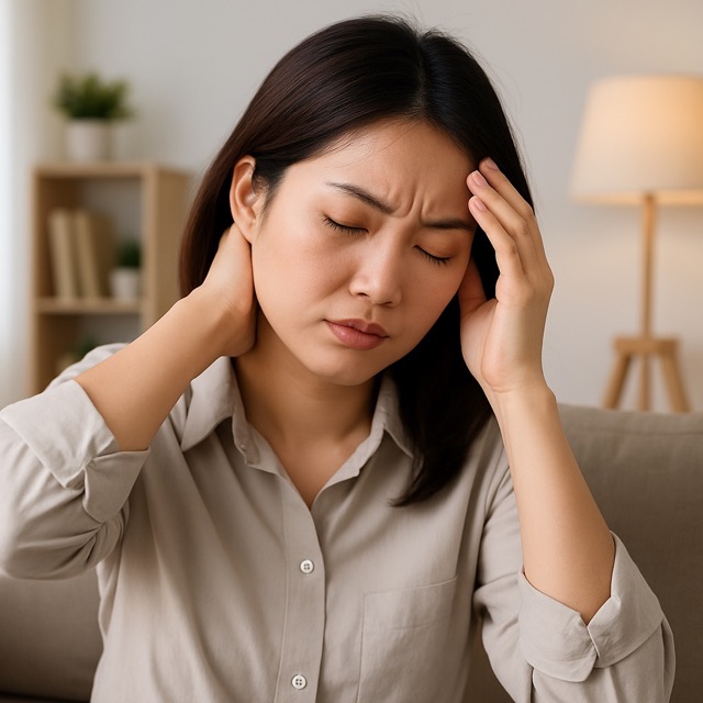 뒷목 뻣뻣함과 두통으로 불편해하는 모습(출처: 자체제작)