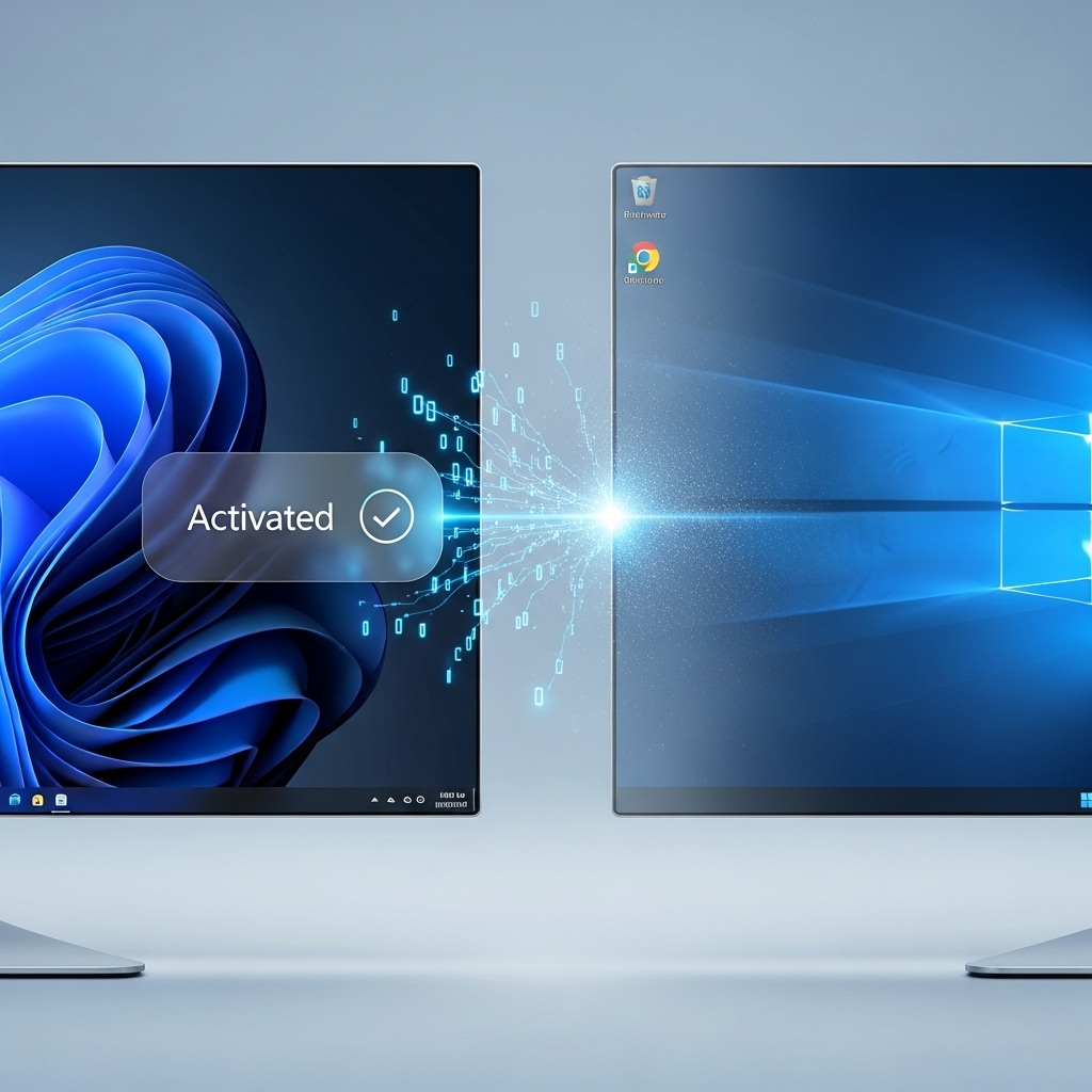 윈도우 10에서 윈도우 11로 성공적으로 업그레이드되어 정품 인증된 컴퓨터 화면과 디지털 라이선스를 상징하는 빛의 흐름