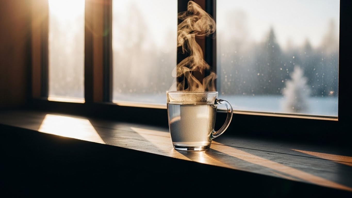 추운 겨울 아침, 혈관을 부드럽게 깨워주는 따뜻한 물 한 잔의 정갈한 모습