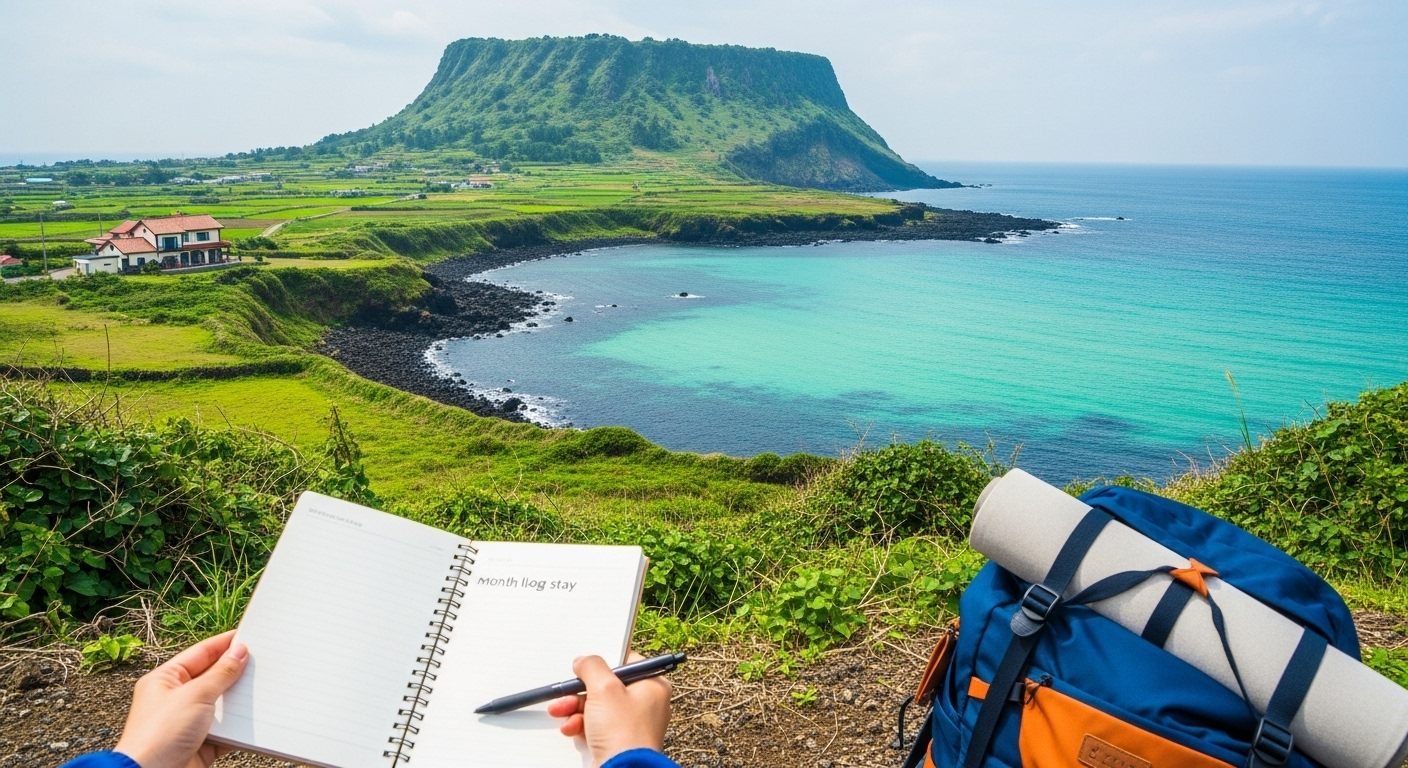 제주도의 아름다운 바다를 바라보며 여행 일기를 쓰는 사람의 뒷모습. 한 달 살이의 여유와 설렘이 느껴지는 풍경.