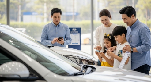 어린아이와 함께 차량 등록을 하는 부모