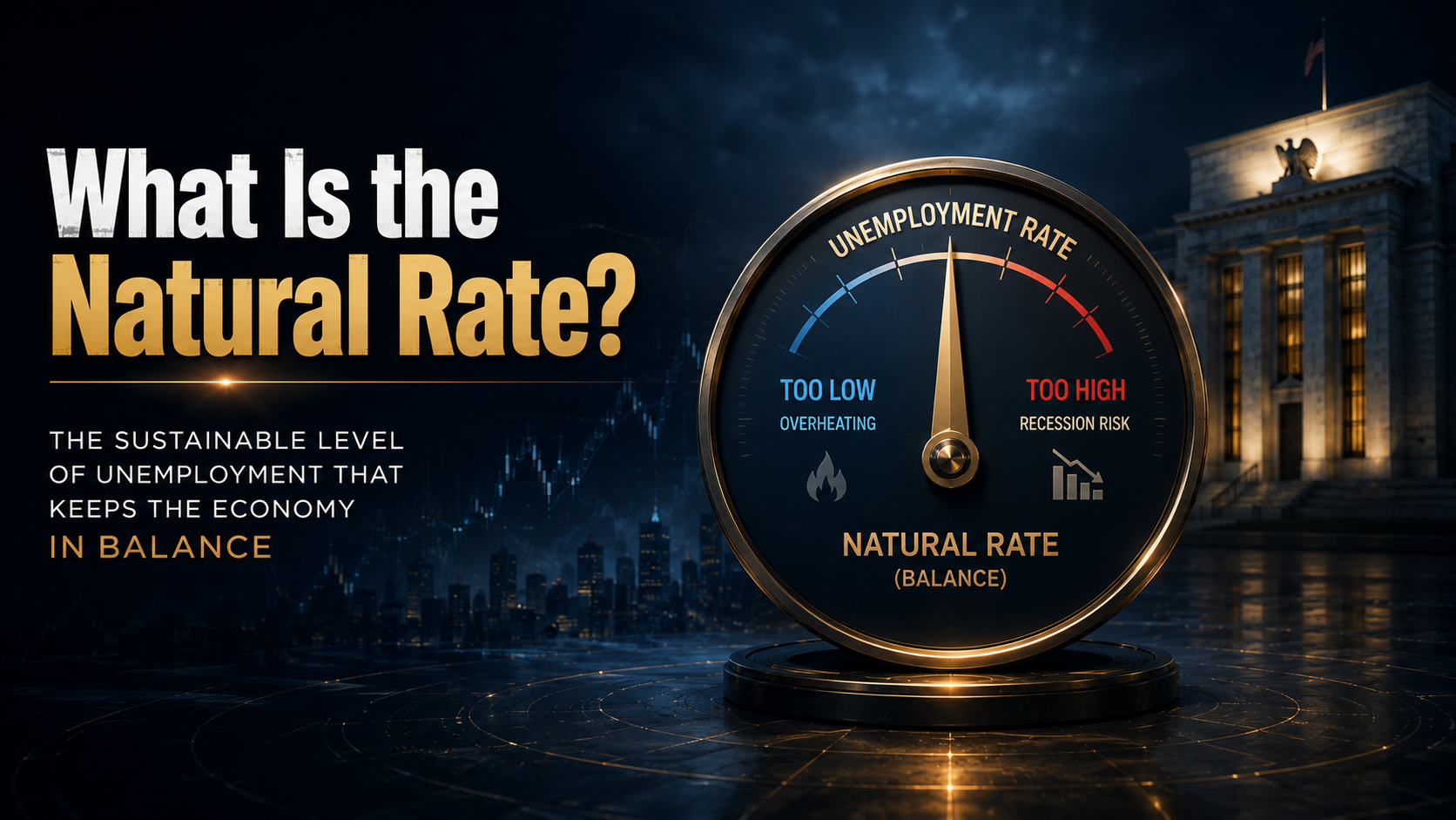 Natural rate of unemployment illustrated with a balance gauge representing sustainable employment, economic stability, and Federal Reserve policy.