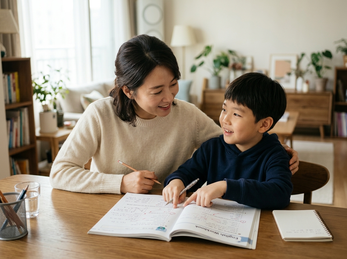 학부모와 초등학생이 함께 영어 오답을 분석하는 모습