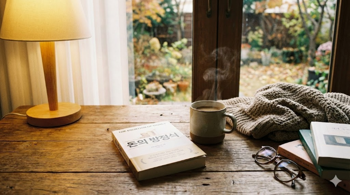 따뜻한 조명 아래 놓인 책 표지와 커피 한 잔