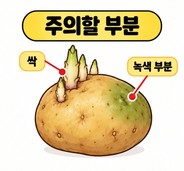 감자의 싹과 녹색으로 변한 부분을 가리키는 그림