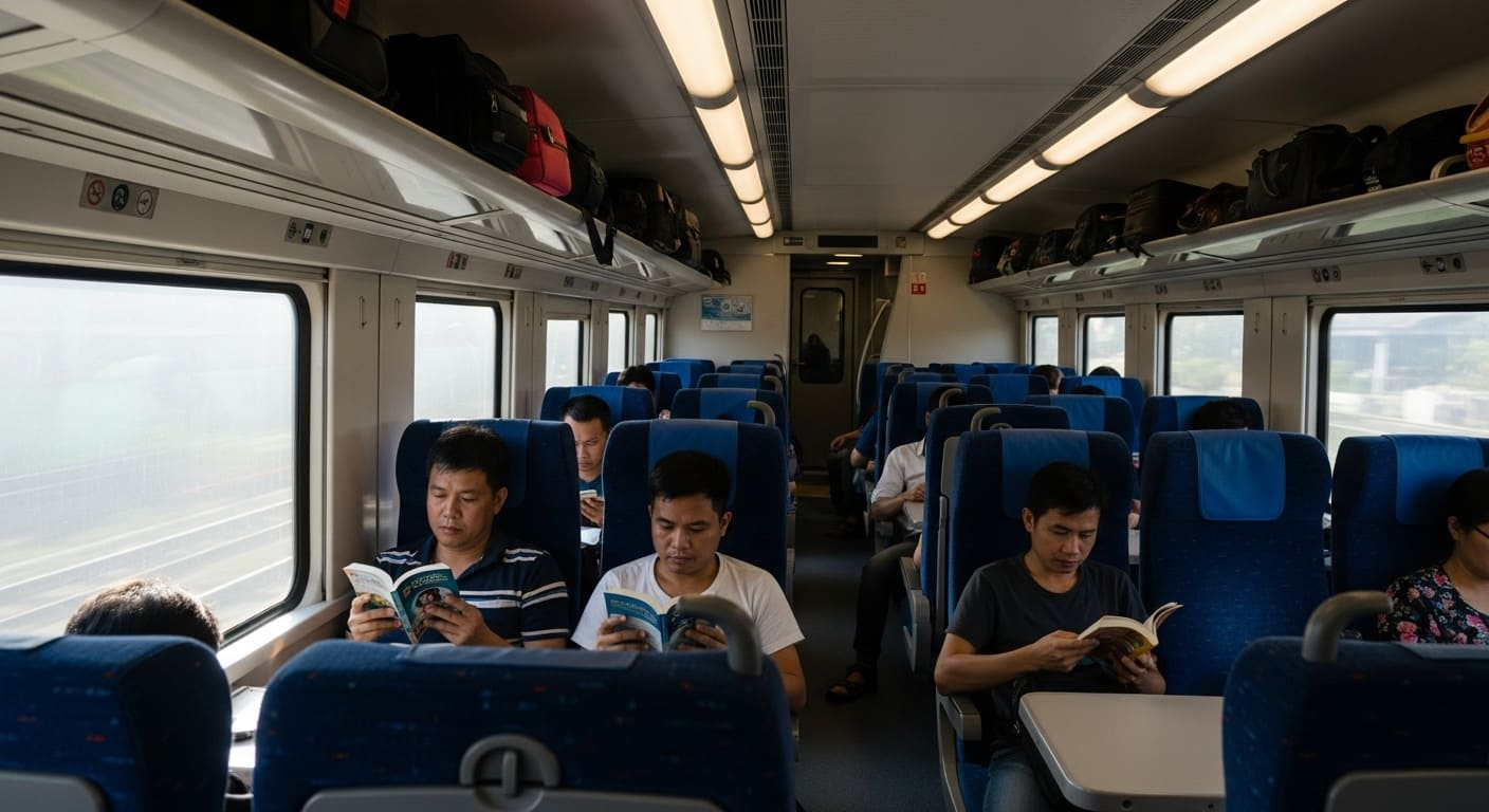 기차 내부에서 독서를 하며 이동하는 승객들