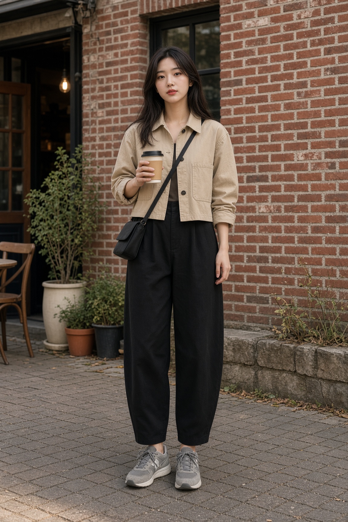 초가을 캐주얼: 짧은 셔츠 재킷 + 블랙 배럴팬츠에서 옷의 길이와 실루엣이 신체 비율에 미치는 포인트를 보여주는 이미지입니다.