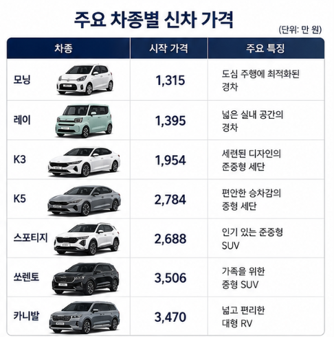 주요 기아 차종의 신차 시작 가격과 차량 특징을 표 형태로 비교한 이미지