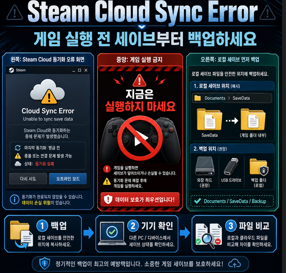 스팀 클라우드 동기화 오류 발생 시 게임 실행을 멈추고 로컬 세이브를 백업하는 순서
