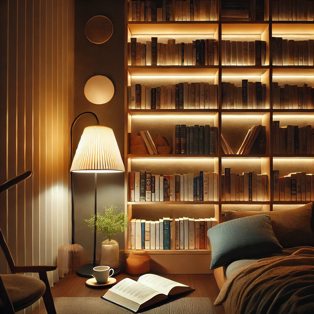 침실 헤드보드에 설치된 간접조명과 스탠드 조명